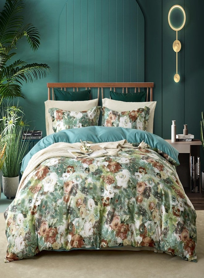 Cupocupa Vintage Bohemian Twin Duvet Cover Set, Watercolor Floral Bedding Set with Zipper Closure & Corner Ties, Luxury Soft Microfiber Teal Brown Floral Duvet Cover for Bedroom Decor - Image 1